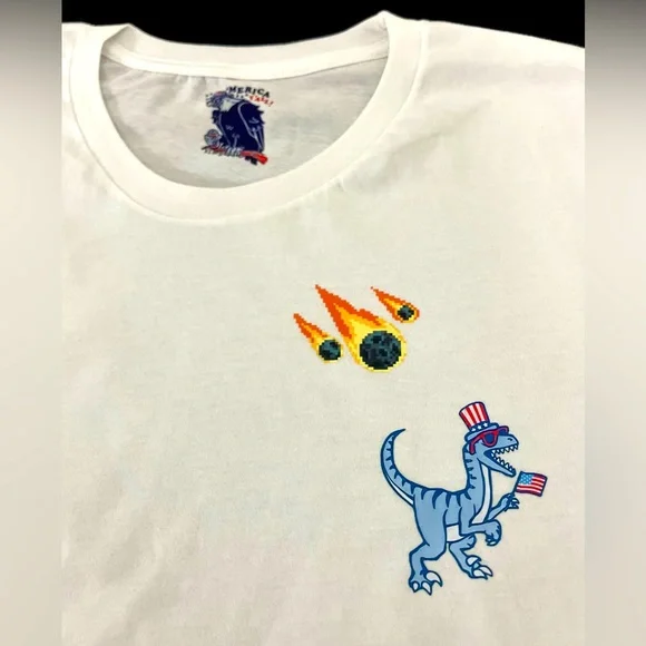 Meteors & Asteroids Dinosaur Party ‘Merica USA American Flag Men’s White Tee - Picture 1 of 4